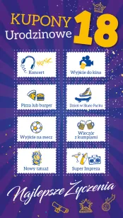 Karnet kupony - Urodzinowe - 18 lat. Najlepsze życzenia