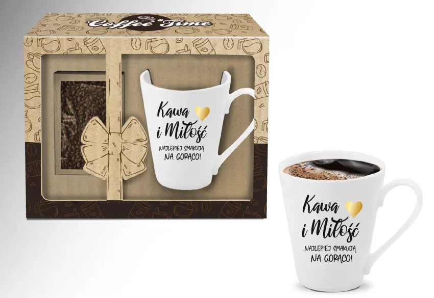 Kubek skos + kawa - Kawa i miłość najlepiej smakuje na gorąco