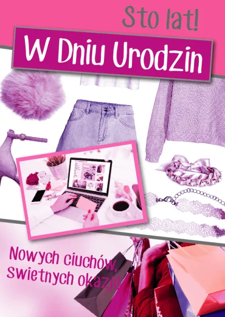Karnet 3D z życzeniami - Sto lat! W dniu urodzin. Udanych zakupów i świetnych okazji!