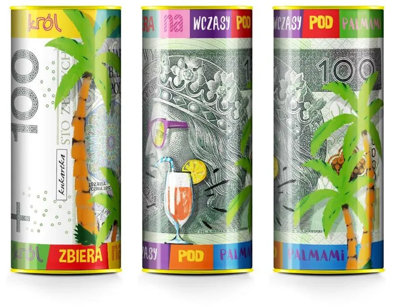 Skarbonka puszka - 100 zł. Król zbiera na wczasy pod palmami.