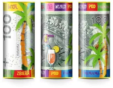 Skarbonka puszka - 100 zł. Król zbiera na wczasy pod palmami.