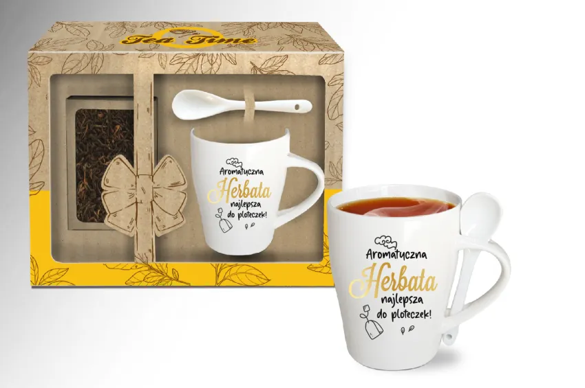 Kubek z łyżeczką + herbata - Aromatyczna herbata najlepsza do ploteczek