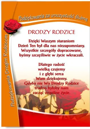 Dyplom -  Podziękowanie za uroczystość ślubną - Drodzy rodzice ....