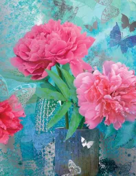 Torebka Kukartka M - Różowe kwiaty w wazonie + motyle