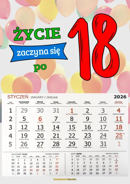 Kalendarz 2026 - Życie zaczyna się po 18
