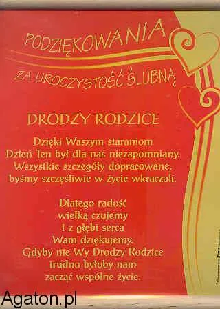 Dyplom - Podziekowania rodzicom za uroczystość ślubną