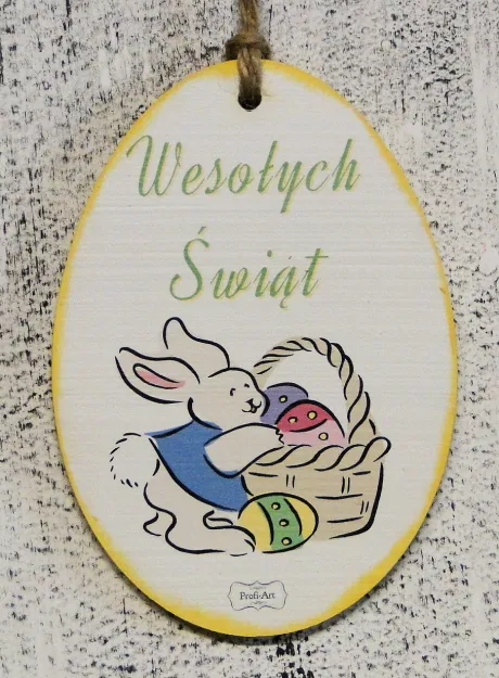 Tabliczka Vintage jajko małe - (zając z koszykiem) Wesołych Świąt