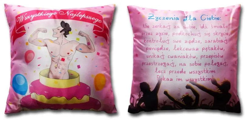Poduszka śr. - Wszystkiego najlepszego (men w torcie) - Życzenia dla Ciebie: nie zwrka za siebie, idź śmiało przez życie ...