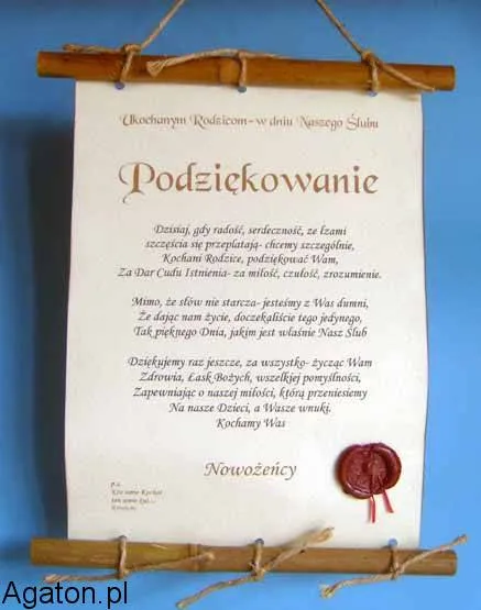 Dyplom z bambusem - Podziękowanie dla rodziców od nowożeńców