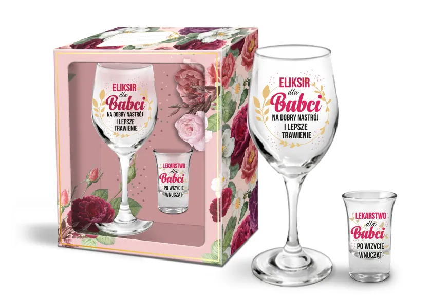 Zestaw kieliszek do wina, kieliszek do wódki - Eliksir dla Babci / Lekarstwo dla Babci