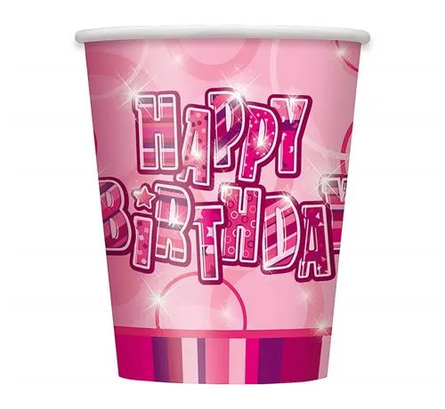 Kubeczki papierowe Happy Birthday (różowe) - 8szt