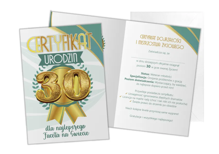 Kartka C5 F - Certyfikat 30 urodziny - Dla najlepszego Faceta na świecie