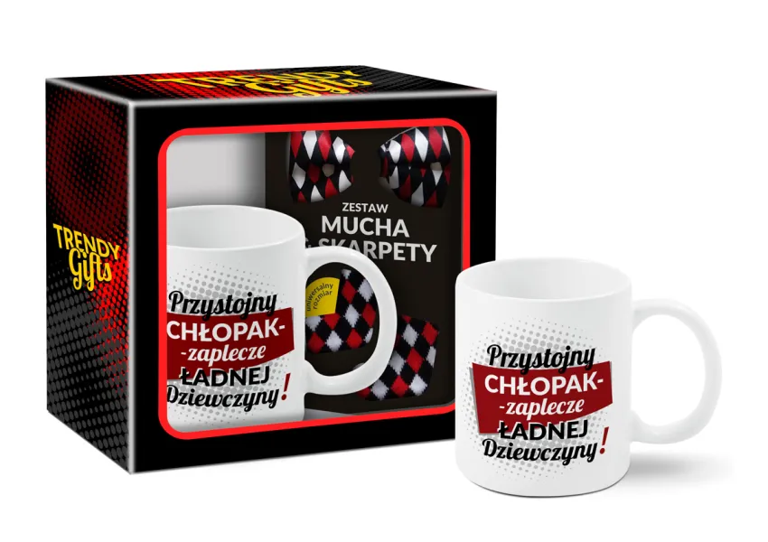 TRENDY GIFTS (kubek, mucha, skarpety) - Przystojny Chłopak - zaplecze ładnej Dziewczyny!
