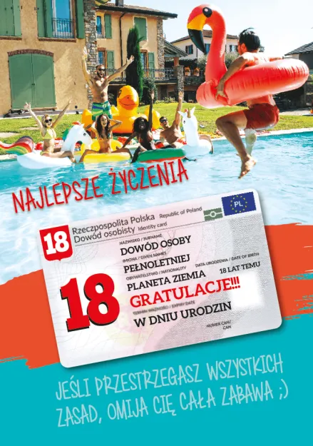 Karnet z dowodem - W 18 urodzin. Najlepsze życzenia!