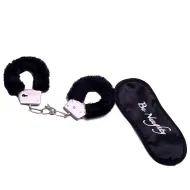 Zestaw sypialniany (czarny) - Kajdanki z futerkiem + opaska na oczy SEX