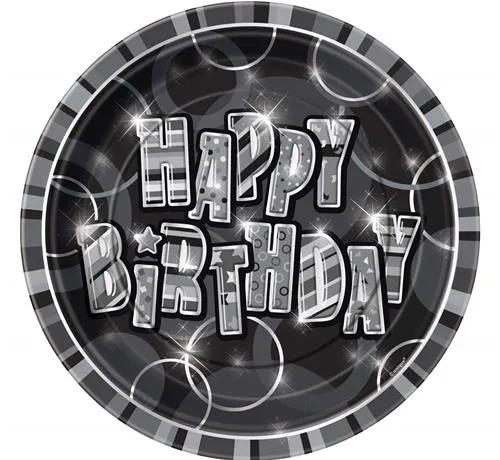 Talerzyki papierowe Happy Birthday (czarno-srebrne) - 8szt