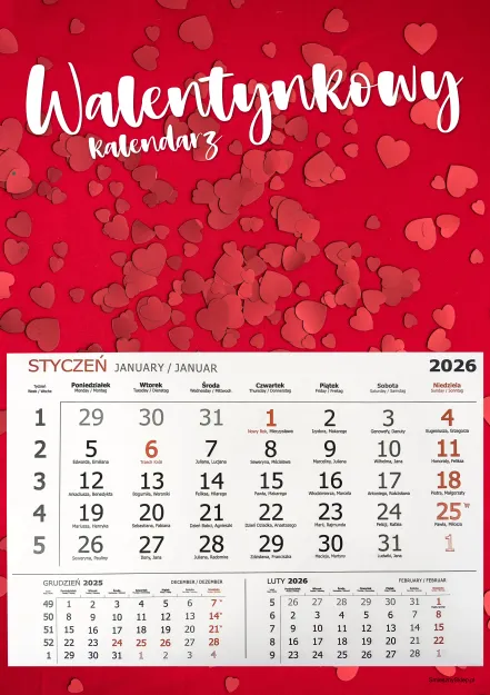 Kalendarz 2026 - Walentynkowy (serca na czerwonym tle)