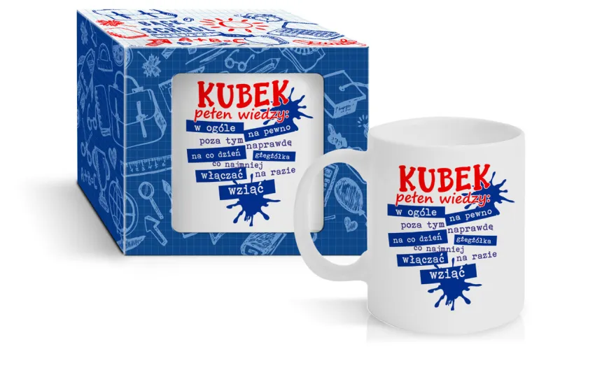 Kubek szkoła - Kubek pełen wiedzy: w ogóle, na prawdę, poza tym, na razie, wziąć...