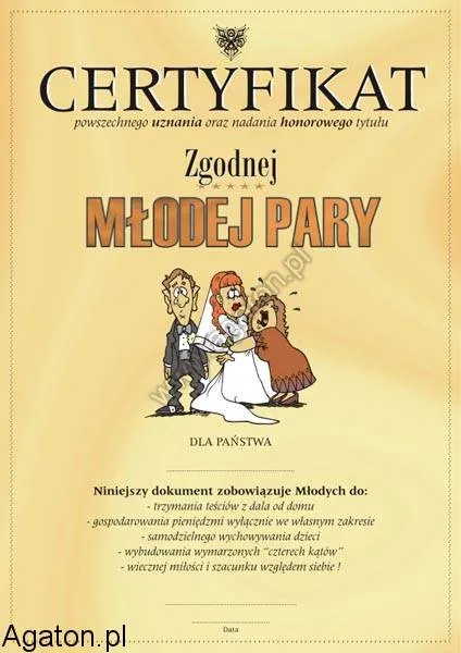 Certyfikat zgodnej Młodej Pary