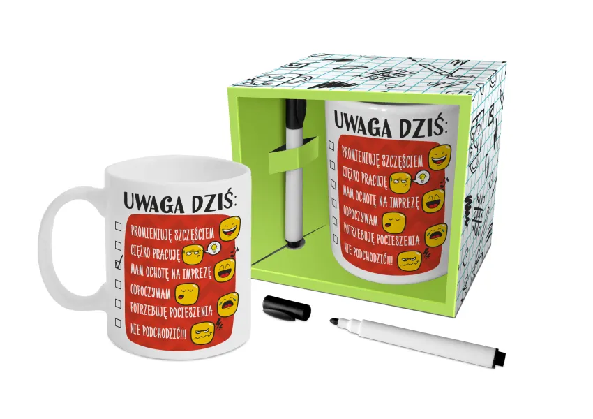 Kubek z pisakiem - Uwaga dziś... Promienuję szczęściem, Cięzko pracuję , ....