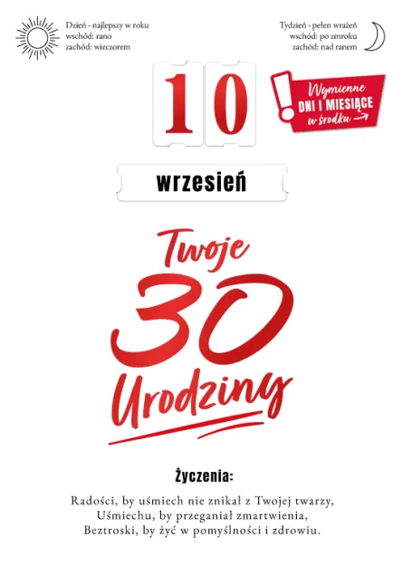 Karnet 3D z życzeniami - Twoje 30 urodziny (wymienne dni i miesiące w środku)
