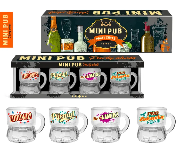 Zestaw 4 kieliszków - Mini Pub - Kolorowe napisy