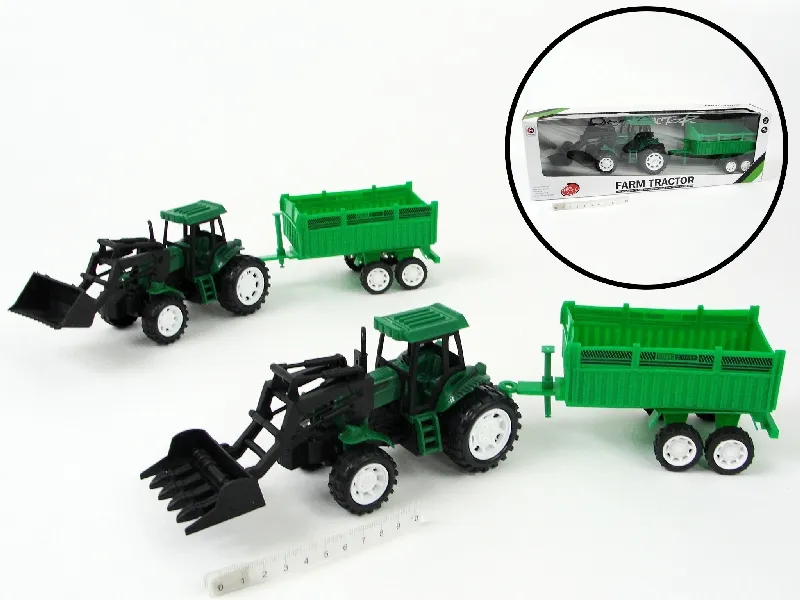 Traktor z ładowarką i przyczepą
