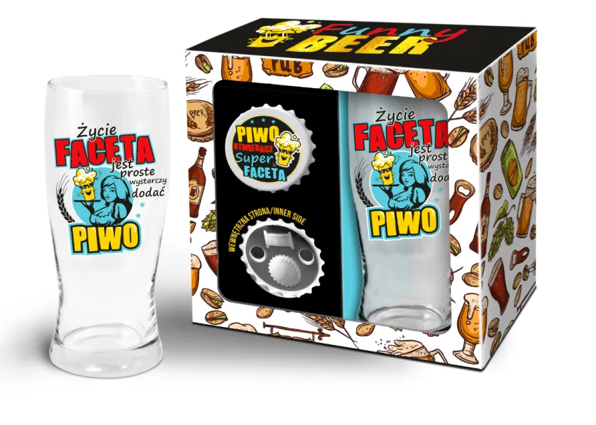 Zestaw Beer Gifts 1 - Otwieracz Super Faceta + szklanka do piwa - Życie Faceta jest proste wystarczy dodać piwo