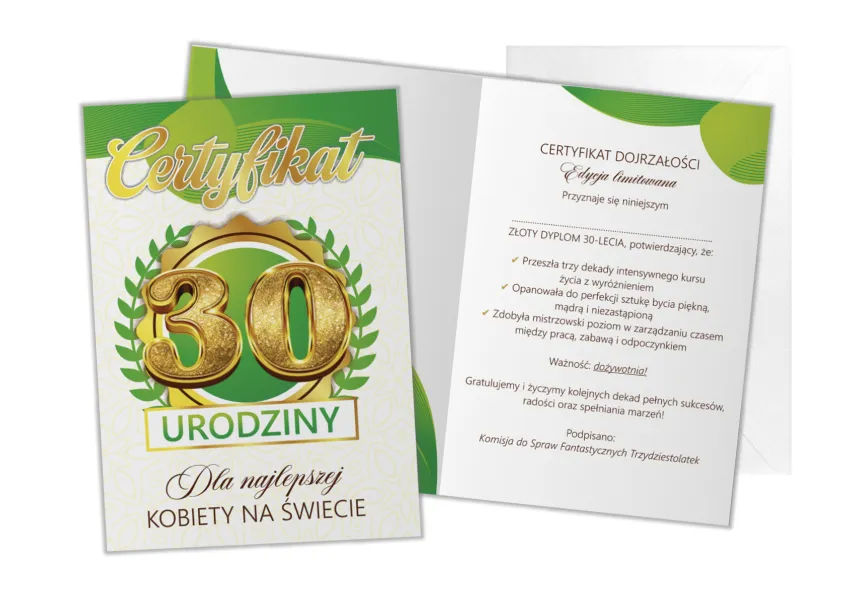 Karnet B6 K - 30 urodziny - Certyfikat dla najlepszej Kobiety na świecie