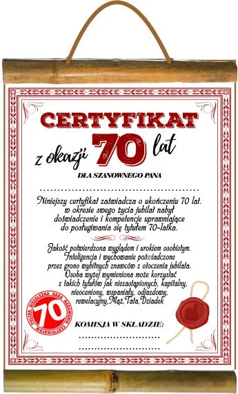 Dyplom z bambusem - Z okazji 70 lat. Dla Szanownego Pana