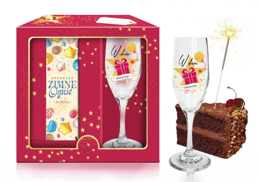 Kieliszek do szampana + zimne ognie - STARS - W dniu urodzin