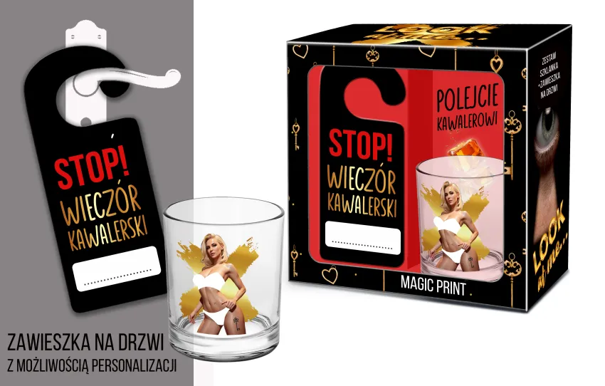 Szklanka + zawieszka na drzwi - Stop! Wieczór kawalerski