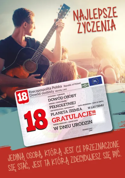 Karnet z dowodem - W 18 urodzin. Najlepsze życzenia!