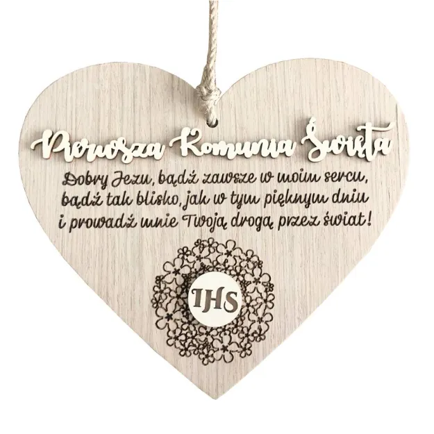 Drewniana sentencja serce - Pierwsza Komunia Święta