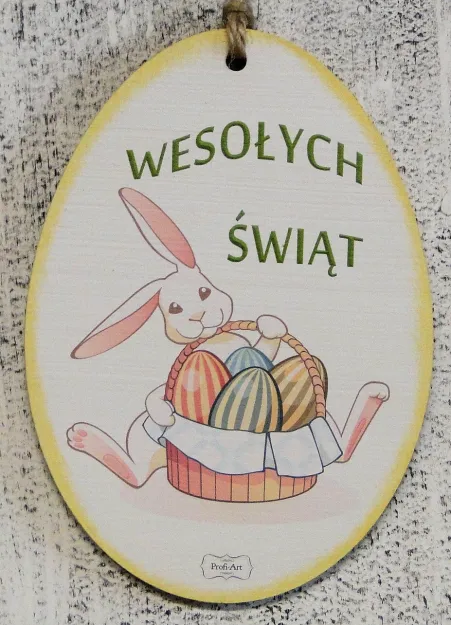 Tabliczka Vintage jajko śr. - (Zając z koszykiem) Wesołych Świąt