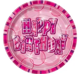 Talerzyki papierowe Happy Birthday (różowe) - 8szt