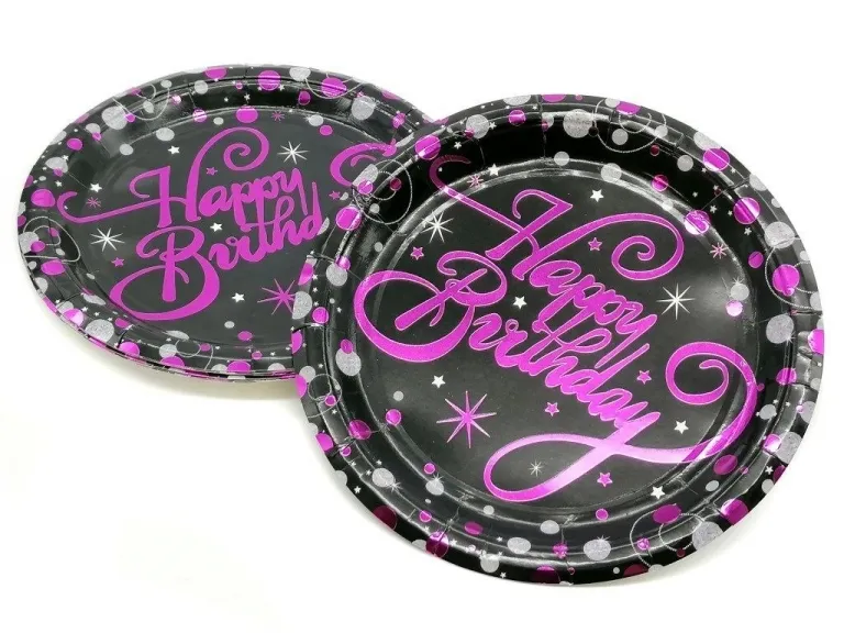 Talerze papierowe Happy Birthday 10szt. - czarny