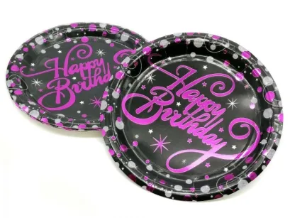 Talerze papierowe Happy Birthday 10szt. - czarny