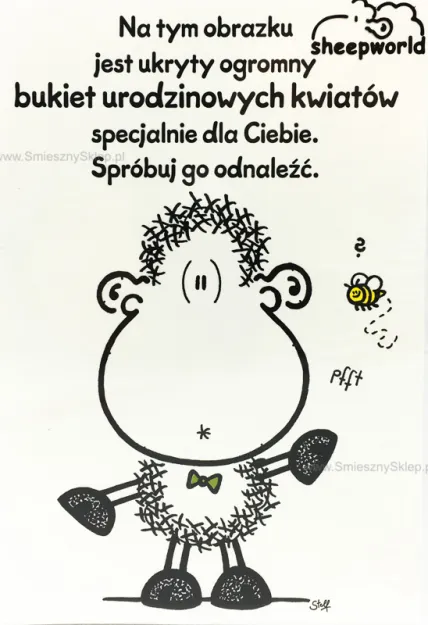 Karnet Sheepworld - Na tym obrazku jest ukryty bukiet urodzinowych kwiatów. Spróbuj go odnaleźć.