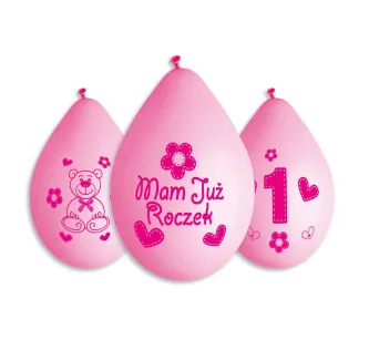 Balon premium "1 Mam już roczek" - różowe 5szt - wiszące
