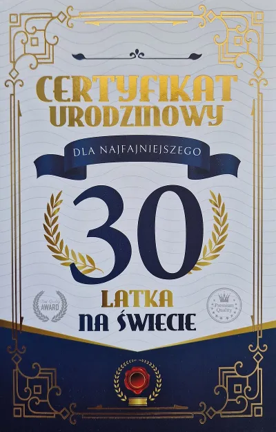 Karnet - Certyfikat urodzinowy 30 latka