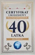 Karnet - Certyfikat urodzinowy 40 latka