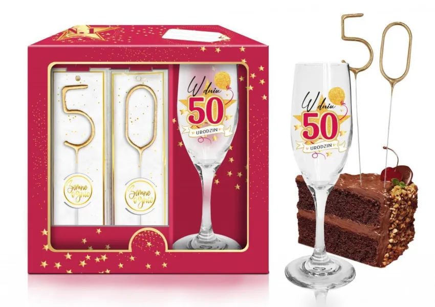 Kieliszek do szampana + 50 zimne ognie - STARS - W dniu 50 urodzin