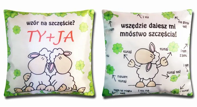 Poduszka obustronna, mała - Wzór na szczęście? Ty + Ja / Wszędzie dajesz mi mnóstwo szczęścia!