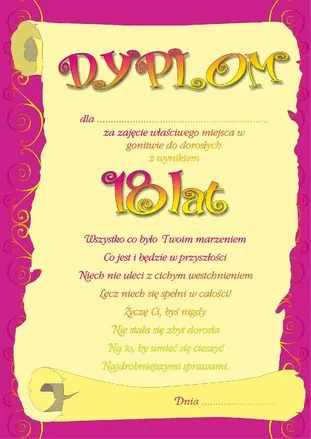 Dyplom - Dla ....za zajęcie właściwego miejsca ...z wynikiem 18 lat (dla kobiety)