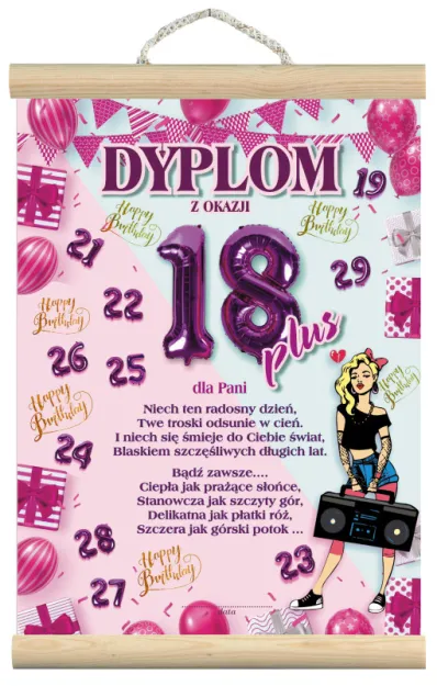 Dyplom z listewkami - z okazji 18+ dla Pani