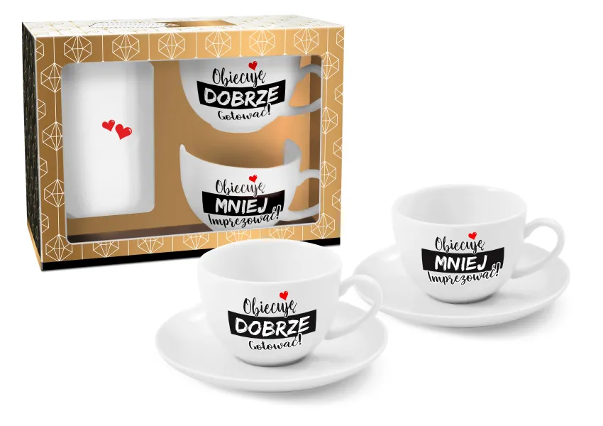 Zestaw 2 filiżanek Zgrany Duet - Obiecuje dobrze gotować / Obiecuje mniej imprezować