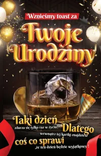 Karnet + naklejka na butelkę - Wznieśmy toast za Twoje urodziny