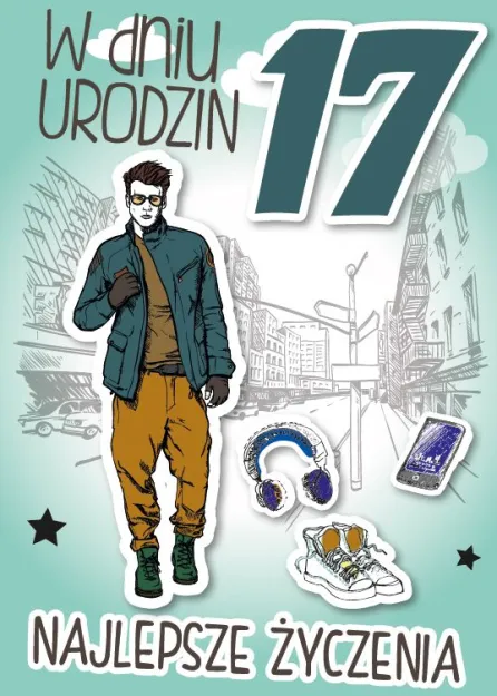 Karnet 3D z życzeniami - W dniu 17 urodzin. Najlepsze życzenia.