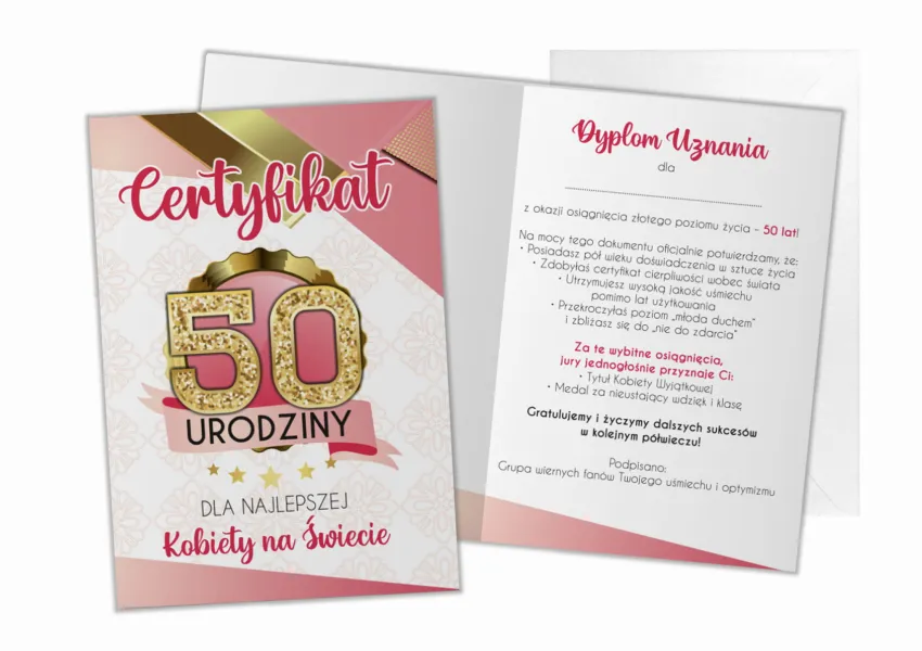 Kartka C5 - Certyfikat 50 urodziny dla najlepszej Kobiety na świecie